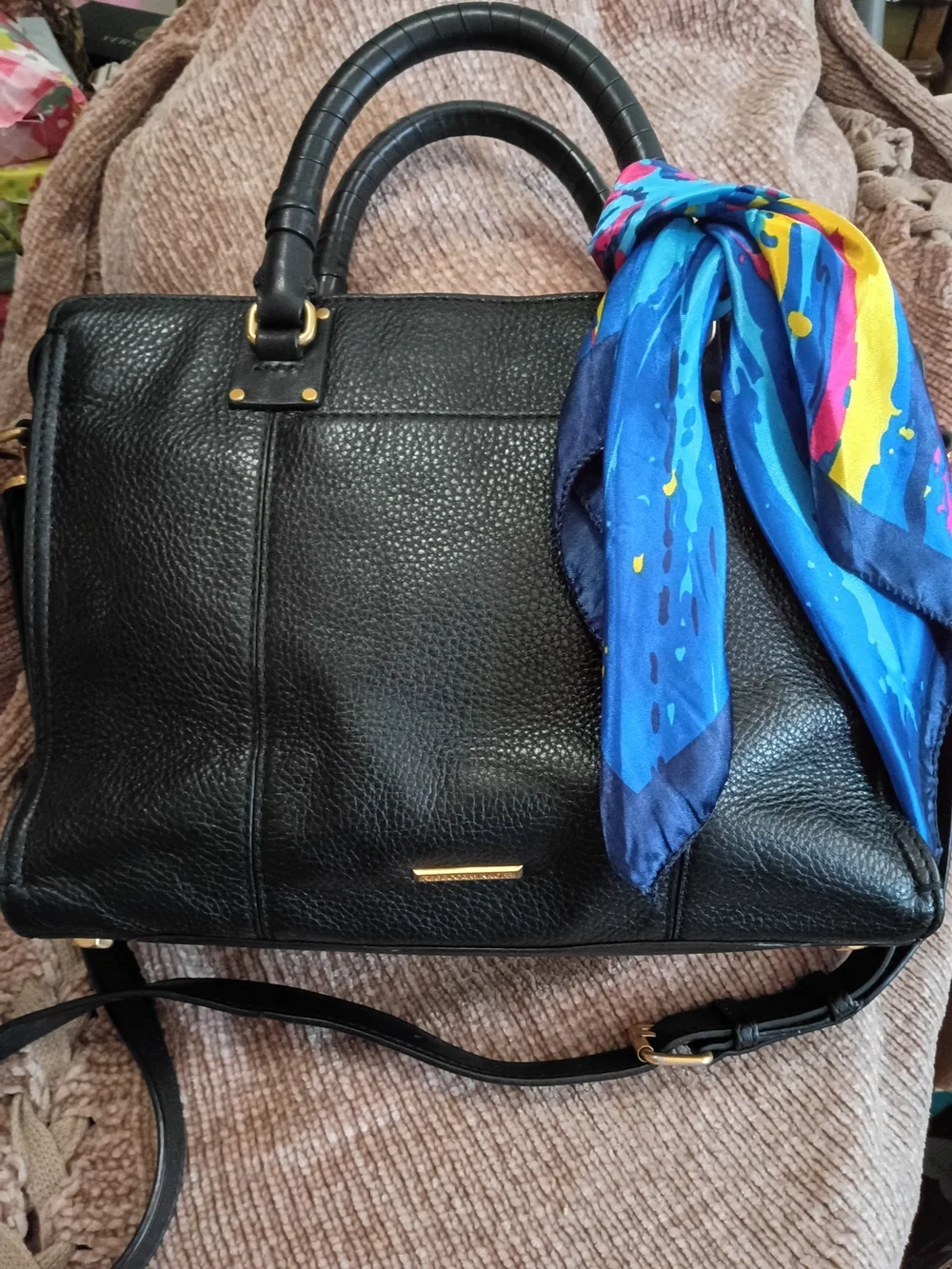 Rebecca Minkoff Black Pebbled Leather Satchel with Blue Multi-Color Scarf